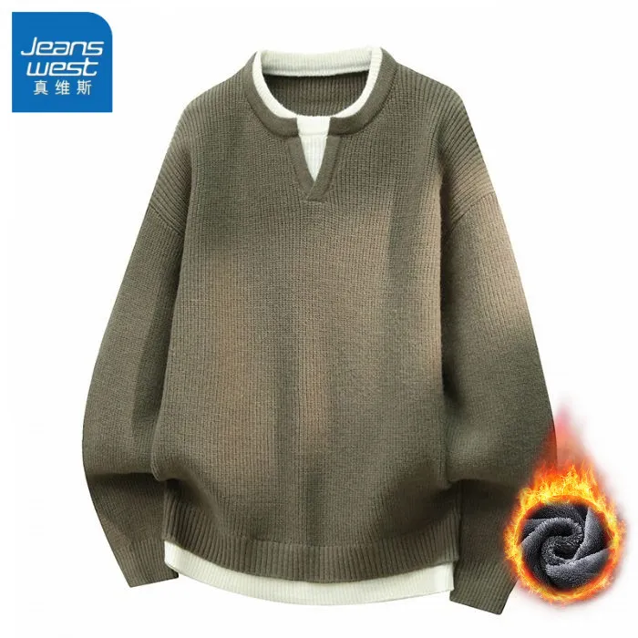 真维斯日系休闲假两件针织衫男士秋冬新款舒适潮流百搭V领毛衣男