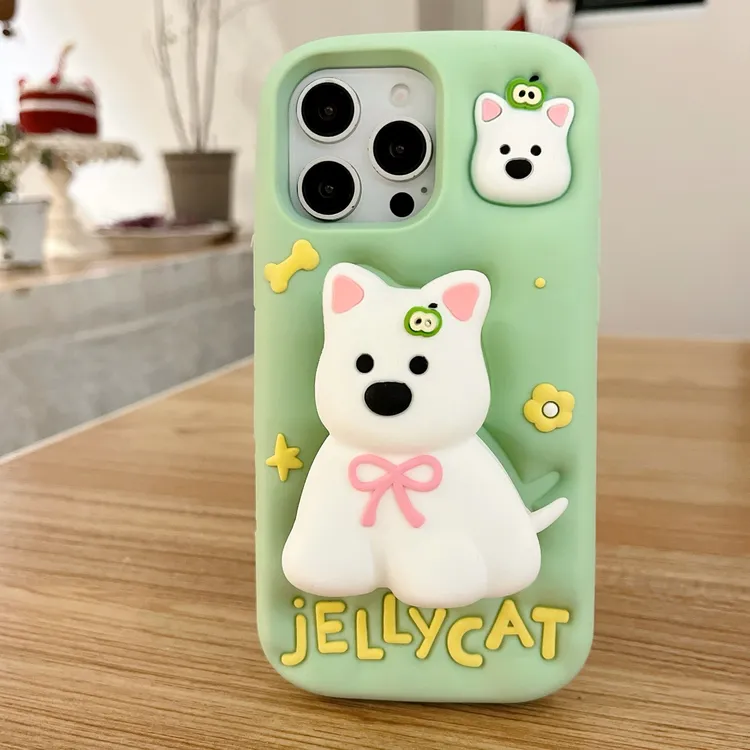 (苹果)薄荷绿西高地小狗支架可爱适用iPhone16立体卡通硅胶手机壳