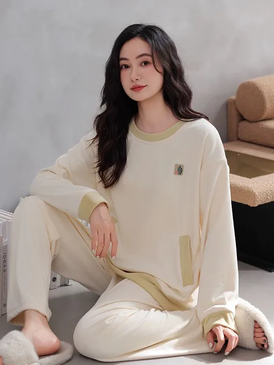 睡衣女秋冬款冬季假两件海岛绒家居服米白高级感法兰绒套装珊瑚绒