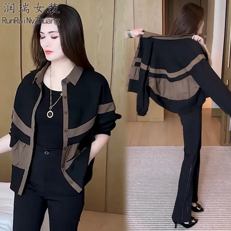 韩版撞色拼接长袖翻领短外套女2025秋季新款小个子穿搭韩版夹克潮