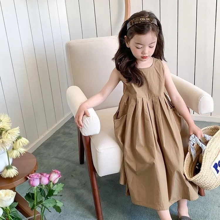 女童洋气无袖连衣裙2025夏季中长款儿童宝宝女孩长裙摆公主背心裙