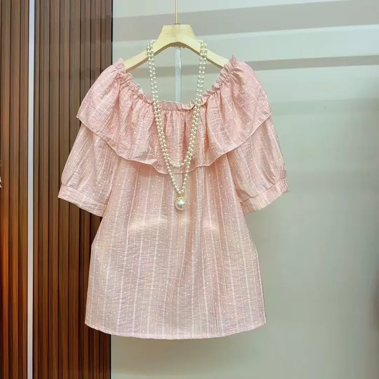 韩版时尚气质洋气一字肩娃娃领泡泡袖甜美上衣6002