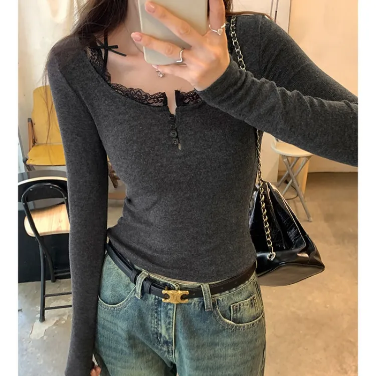 深灰色蕾丝花边内搭打底衫女秋冬新款吊带长袖u领修身辣妹T恤上衣