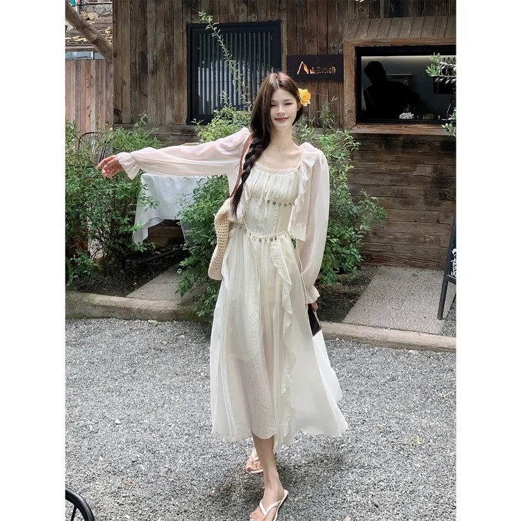 实拍 夏季海边度假防晒小披肩套装修身显瘦长裙子绝美吊带连衣裙