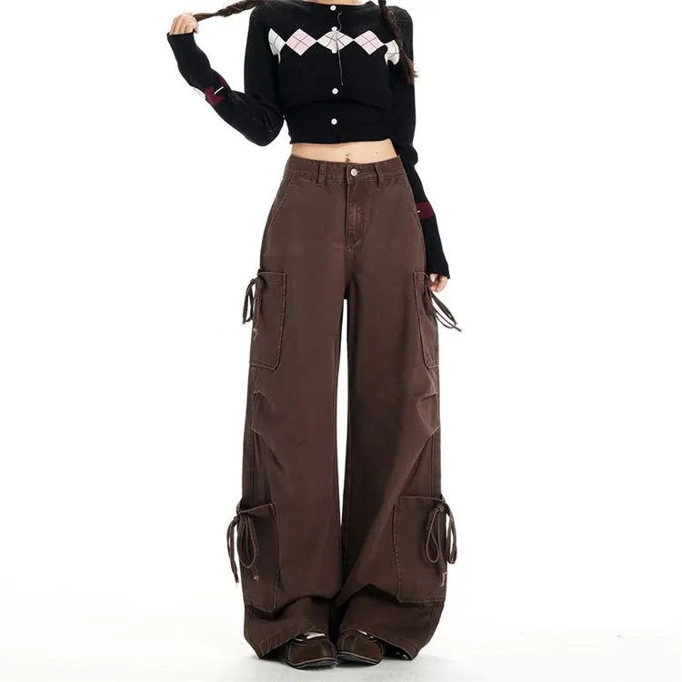 咖色多口袋立体绑带褶皱小众设计感牛仔裤女阔腿遮肉百搭工装裤