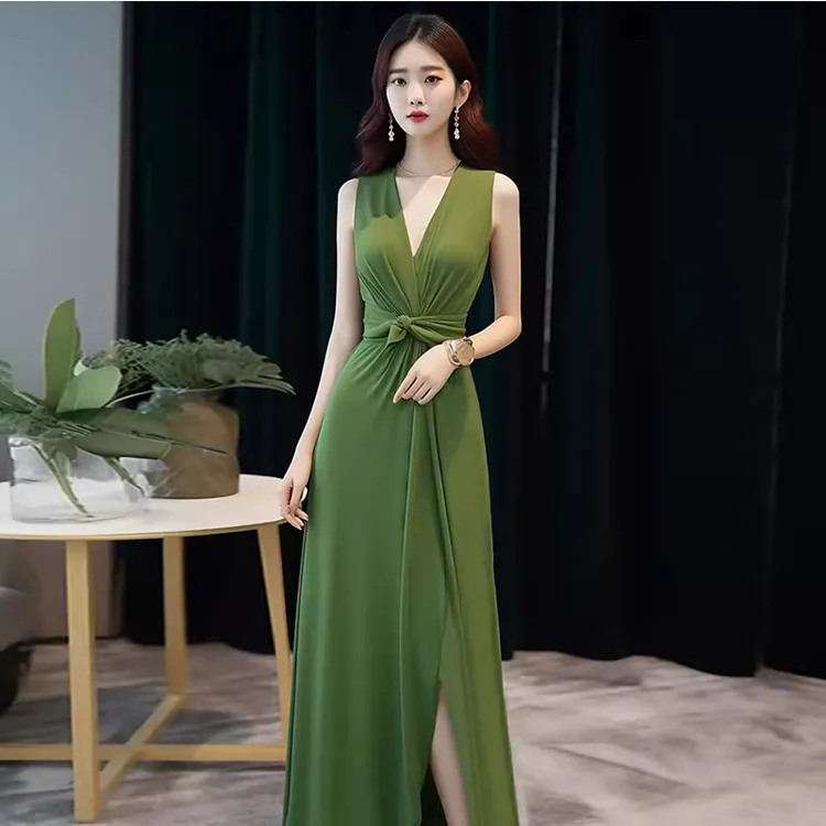 法式高端精致正式场合长裙小香风高级感气质绿色无袖连衣裙子女夏