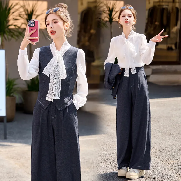 时尚牛仔套装女春季洋气质显瘦高级感马甲蝴蝶结衬衫阔腿裤三件套