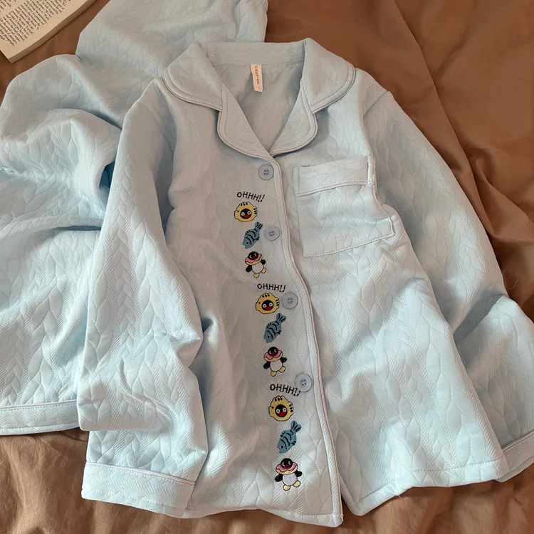 韩系ins空气棉夹层睡衣女秋冬季加厚保暖可爱蓝色企鹅家居服套装