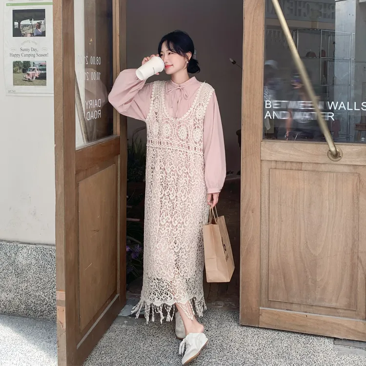 甜美减龄蕾丝镂空罩衫衬衫裙2025春秋新款气质显瘦温柔少女风套装