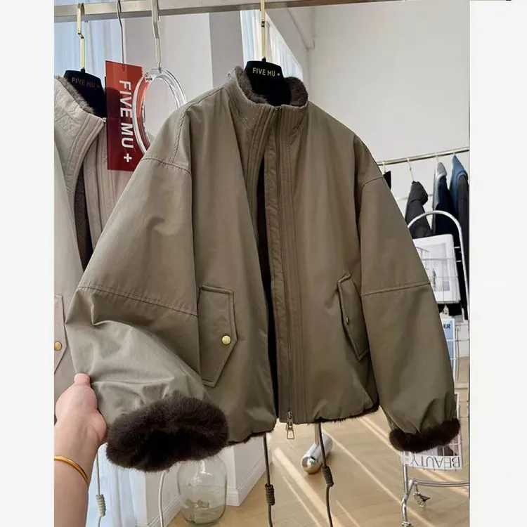 【正反两穿】冬季高级立领工装毛毛加绒内里派克服夹克短外套25157