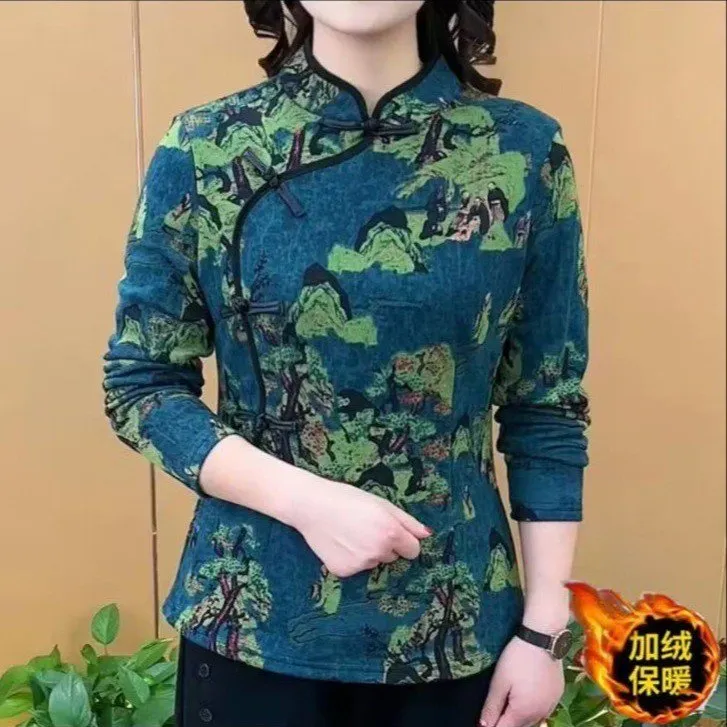 秋冬时尚民族风加绒小衫2025新款妈妈装复古盘扣