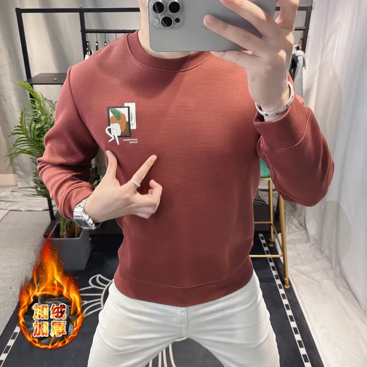 欧洲站男士卫衣2025冬季加绒加厚个性刺绣圆领长袖时尚休闲上衣潮