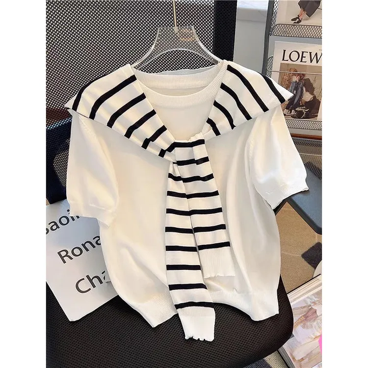 奶蓝色短袖针织衫配披肩chic韩版假两件上衣网红宽松小衫女2025夏