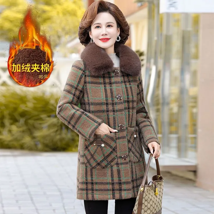 中年妈妈洋气毛呢大衣冬装加绒加厚新款中老年人女秋冬季格子外套