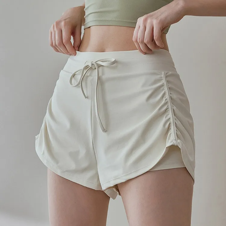 运动短裤女防走光瑜伽裤休闲蝴蝶结褶皱系带速干带内衬健身三分裤