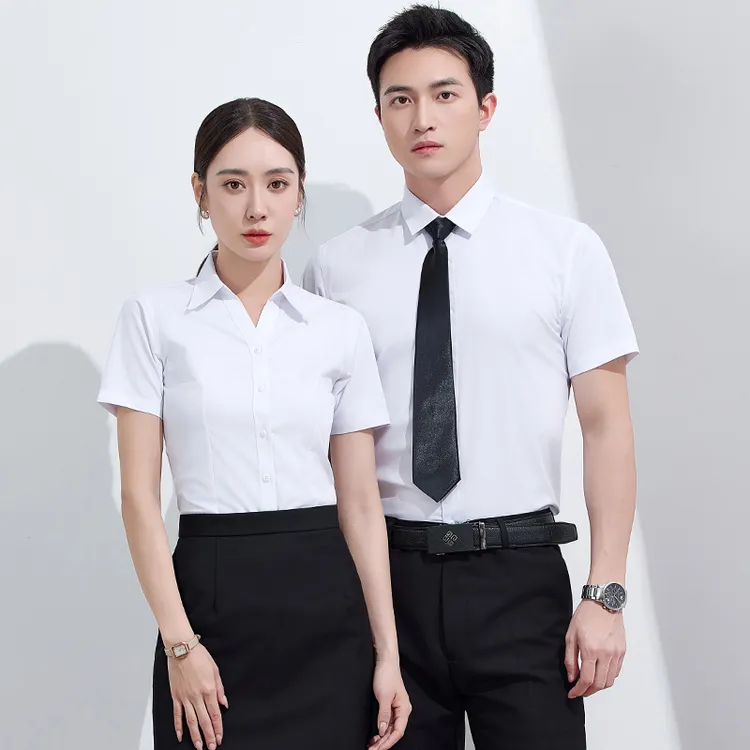 男女同款V领衬衫职业装夏季衬衣女长短袖套装工作服定制刺绣logo