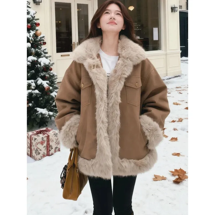 【秋冬穿搭】羊羔毛保暖外套女冬2025新款高级感超好看拼接毛绒棉服