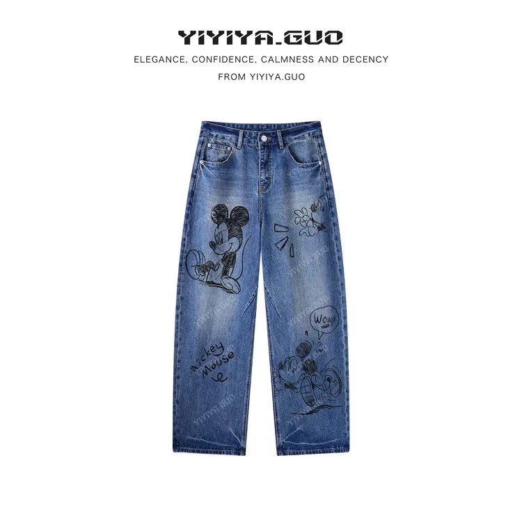 yiyiya.Guo艺艺吖【米奇万能搭】涂鸦破洞直筒阔版牛仔裤1300SS52