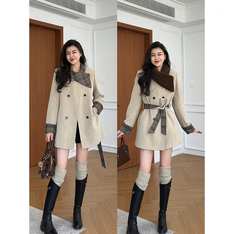 张阿星【南法冬日】复古英伦格纹撞色毛呢加厚保暖外套