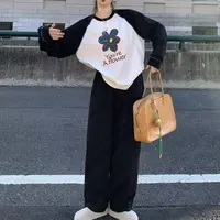 【美琪优选】拼色袖花朵 女士宽松大版插肩袖长袖T恤