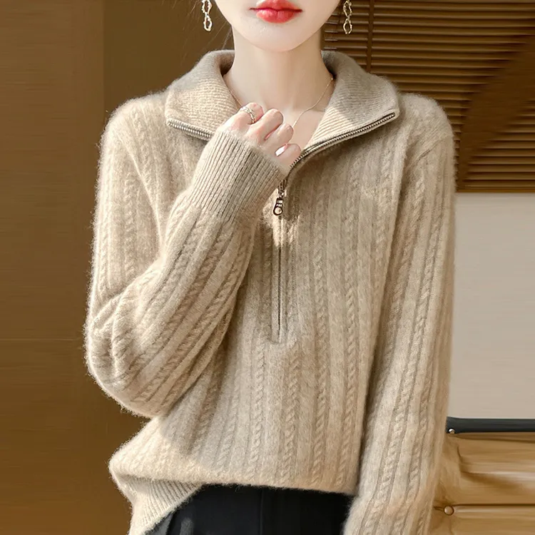 100纯羊绒衫女士秋冬新款半拉链宽松加厚羊毛打底衫时尚针织毛衣