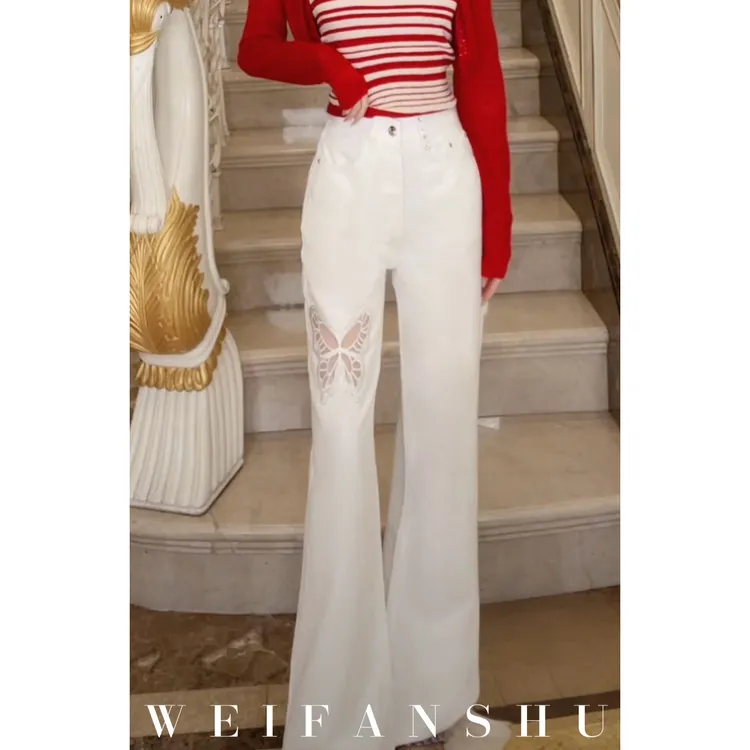 WEIFANSHU/魏凡舒【落蝶】夏季新款设计感蝴蝶镂空百搭微喇牛仔裤