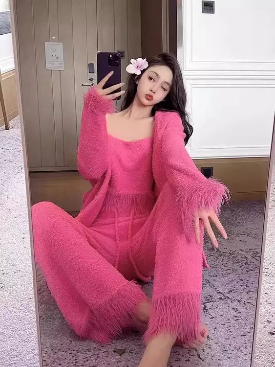 性感纯欲风睡衣女三件套秋冬珊瑚绒半边绒仙女羽毛家居服保暖加厚