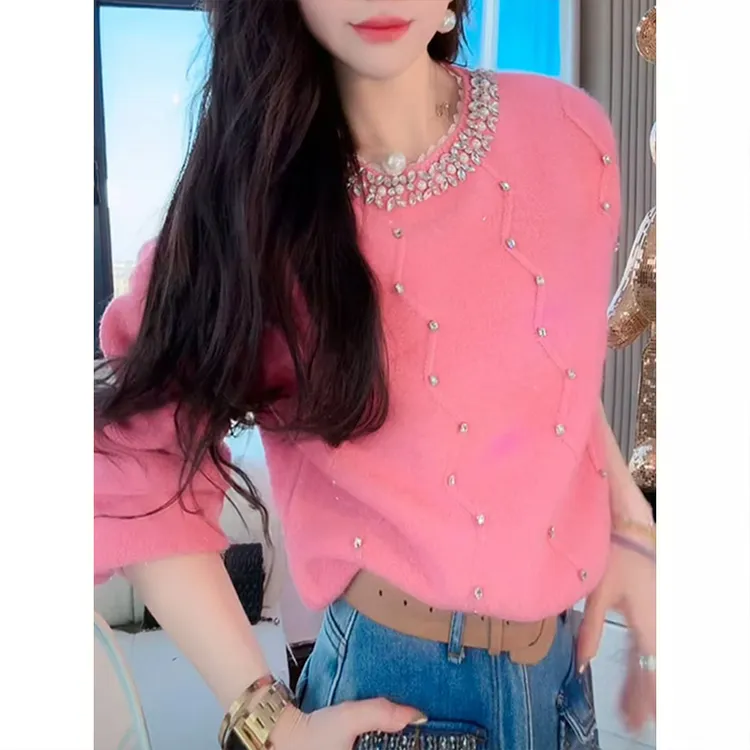 重工设计感镶钻蕾丝拼接针织毛衣女2025冬季新款时尚洋气减龄上衣