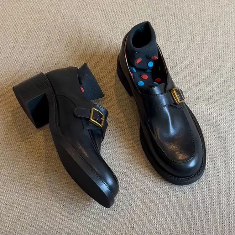 【专柜羊皮版】黑色小皮鞋复古圆头金属扣英伦乐福鞋粗跟百搭单鞋女