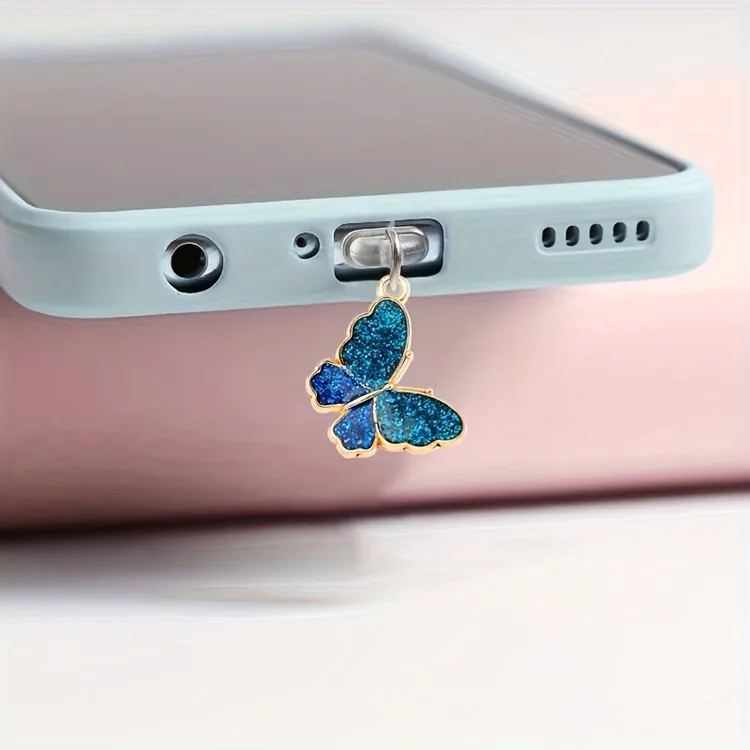 珠光蝴蝶防尘手机塞充电口堵头挂件吊坠苹果华为安卓type通用情侣
