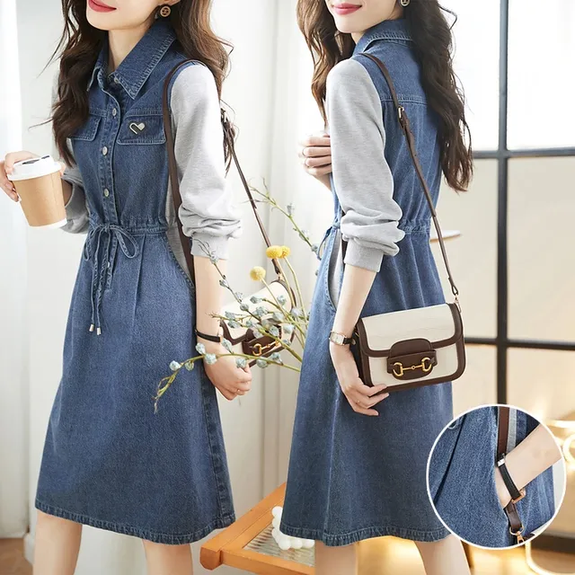 设计感牛仔洋装女2025年春秋新款小个子休闲 拼接中长版收腰裙子