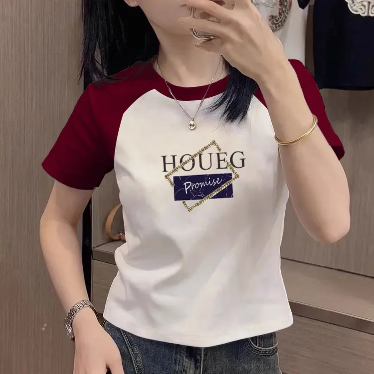 正肩短袖t恤女士夏季修身圆领显瘦半袖体恤撞色插肩小衫时尚上衣