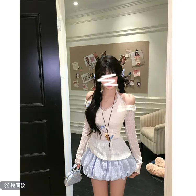 瑞茜·威瑟斯浅烙冰蓝 春夏甜美显瘦挂脖假两件上衣