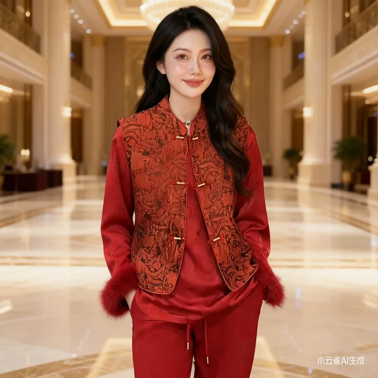 新中式红色提花盘扣立领马甲春季时尚气质喜庆风毛毛打底休闲卫裤