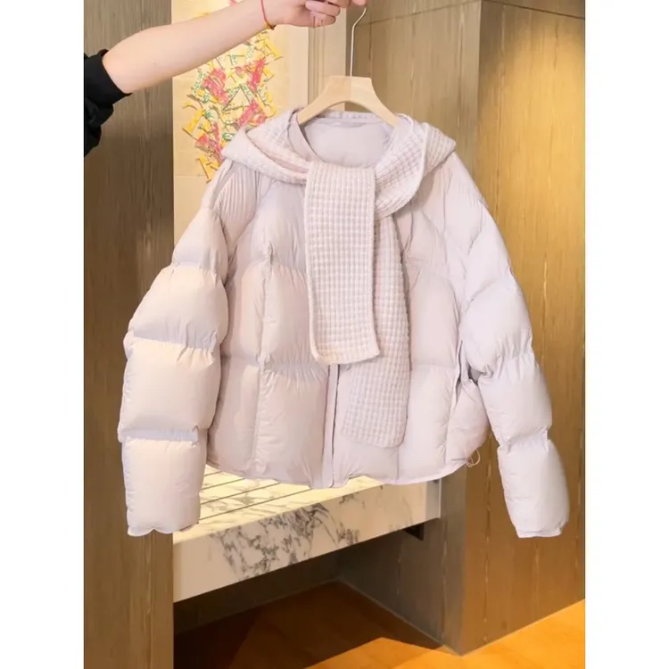 可拆卸针织连帽粉色棉服女2025冬季新款云朵泡芙可爱休闲保暖外套