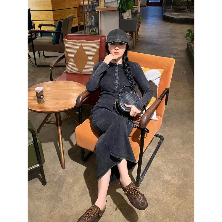 高品质欧货2025早秋新款水洗做旧连衣裙女辣妹风收腰显瘦A字长裙