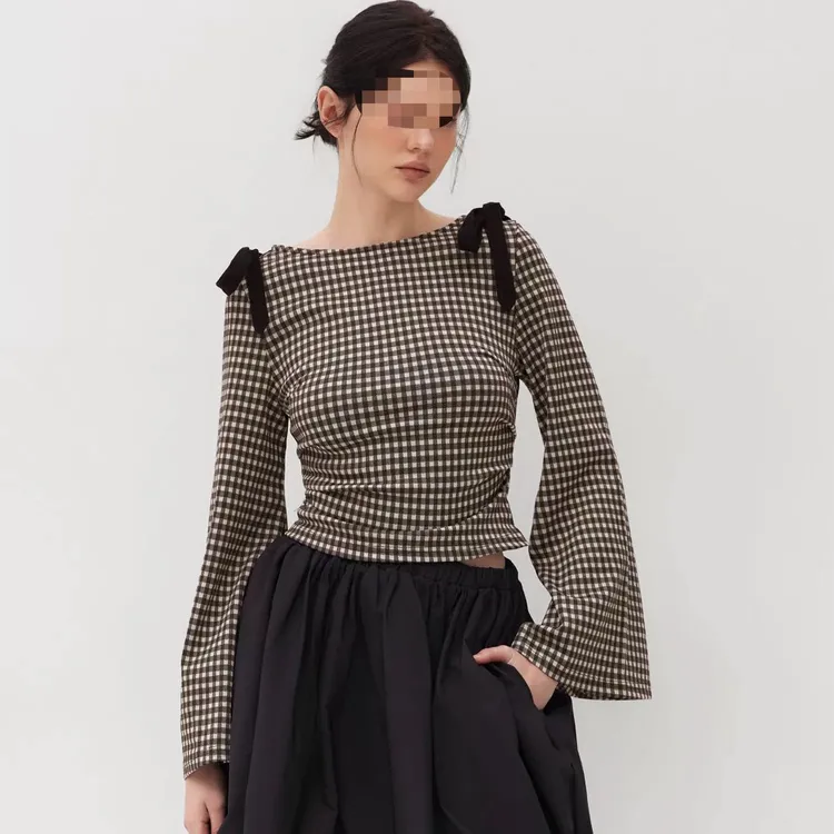 2025秋季新款韩系蝴蝶结褶皱设计喇叭格子显瘦长袖衬衫女