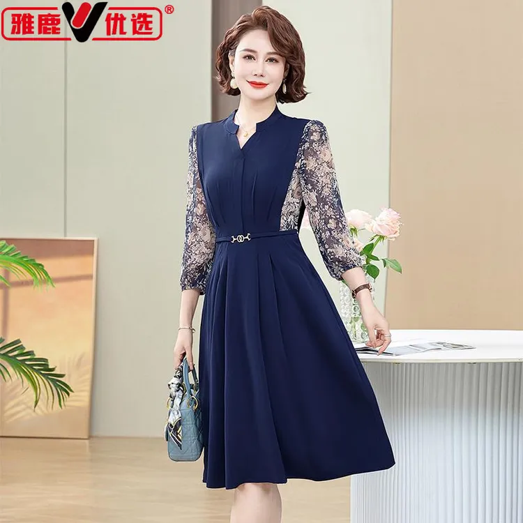 雅鹿优选年轻妈妈夏季连衣裙洋气高贵40岁50中老年女装夏季七分袖