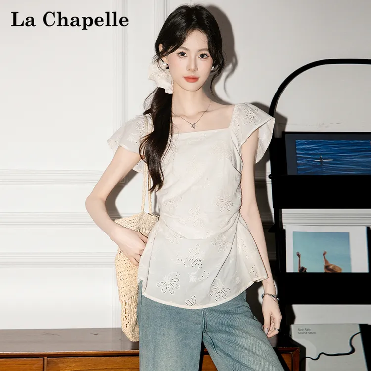 拉夏贝尔韩式方领短袖衬衫女2025夏季新款设计感衬衣收腰显瘦上衣