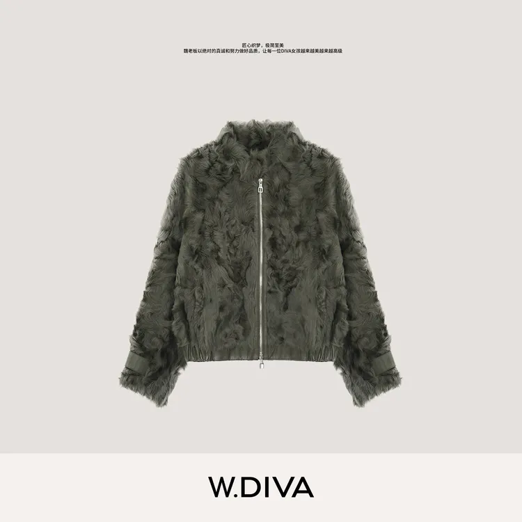 W.Diva【波斯】灰色小湖羊皮草系列时尚贵气皮毛一体外套4C2623102