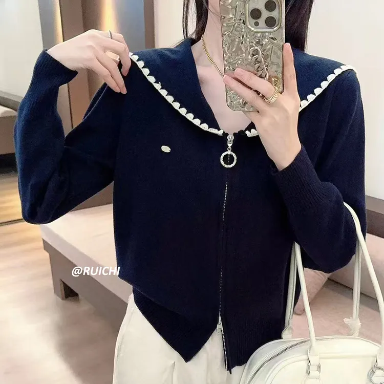 2025秋季新款设计感花边海军领双开拉链韩版慵懒风长袖针织开衫女