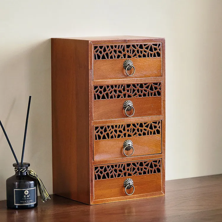 复古实木收纳盒桌面收纳柜雕花款式小盒子四层抽屉式盒子