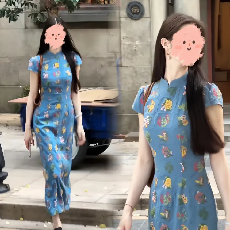 新中式蓝色碎花刺绣改良旗袍女2025春夏国风气质收腰显白连衣裙