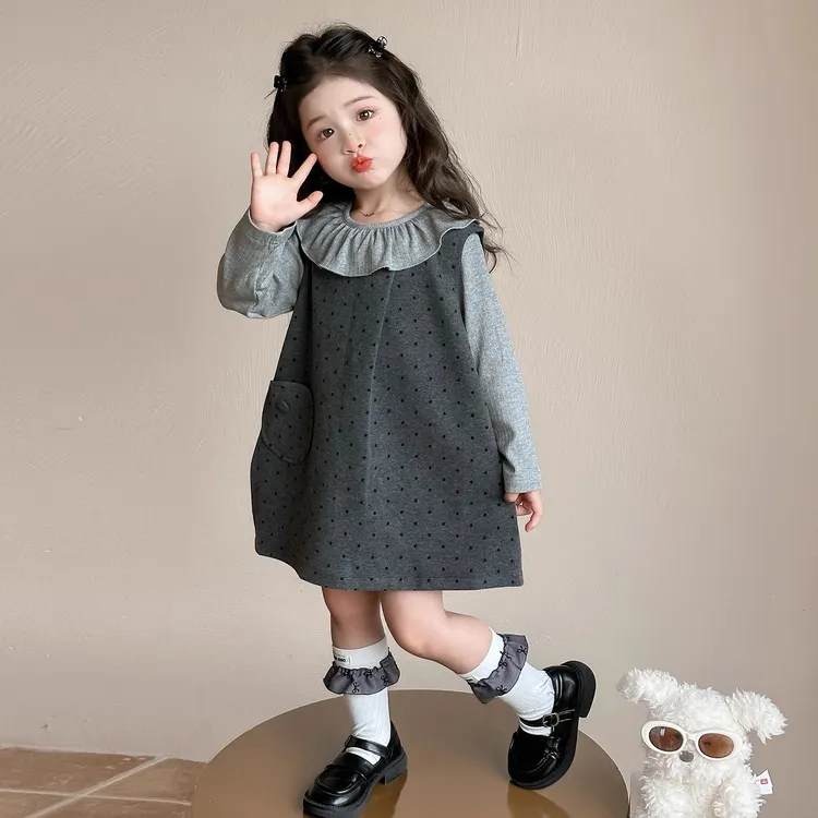 女童连衣裙春秋季2025新款儿童洋气娃娃领圆点女宝秋装超萌两件套