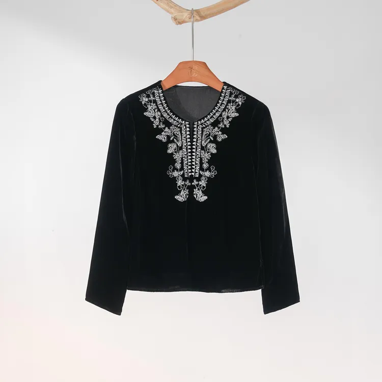 西子/【墨绒银花】重磅桑蚕丝丝绒复古宫廷重工刺绣上衣/SYHJ136