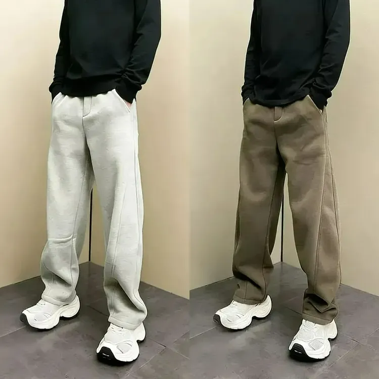 2025新款冬季加绒加厚简约百搭弯刀休闲裤男士宽松显瘦直筒运动裤