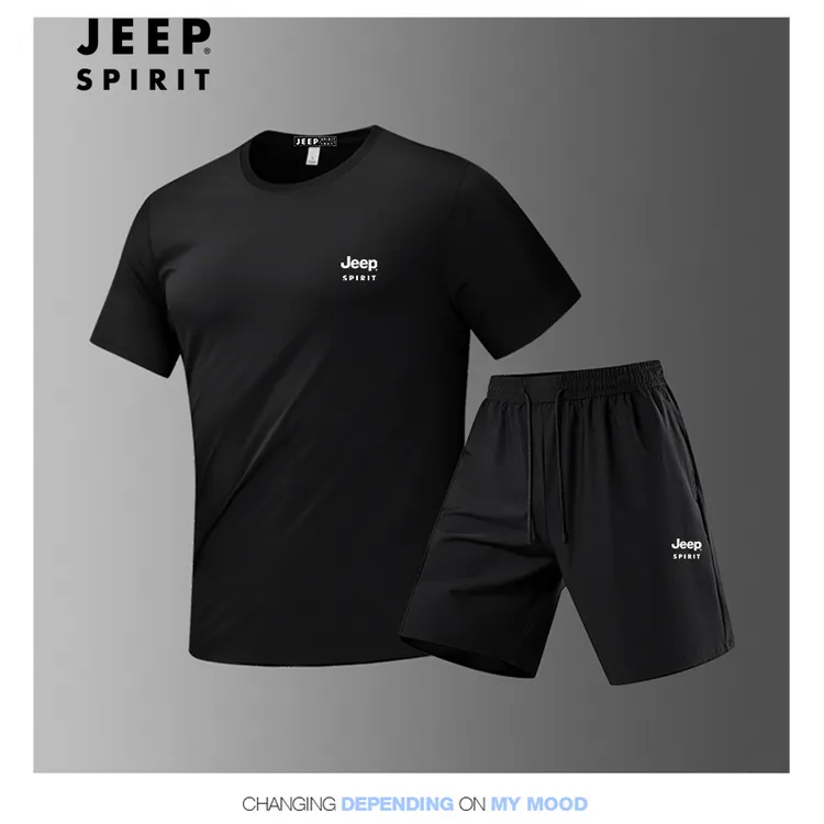JEEP吉普冰丝运动套装男士夏季薄款宽松两件套速干户外跑步体恤衫