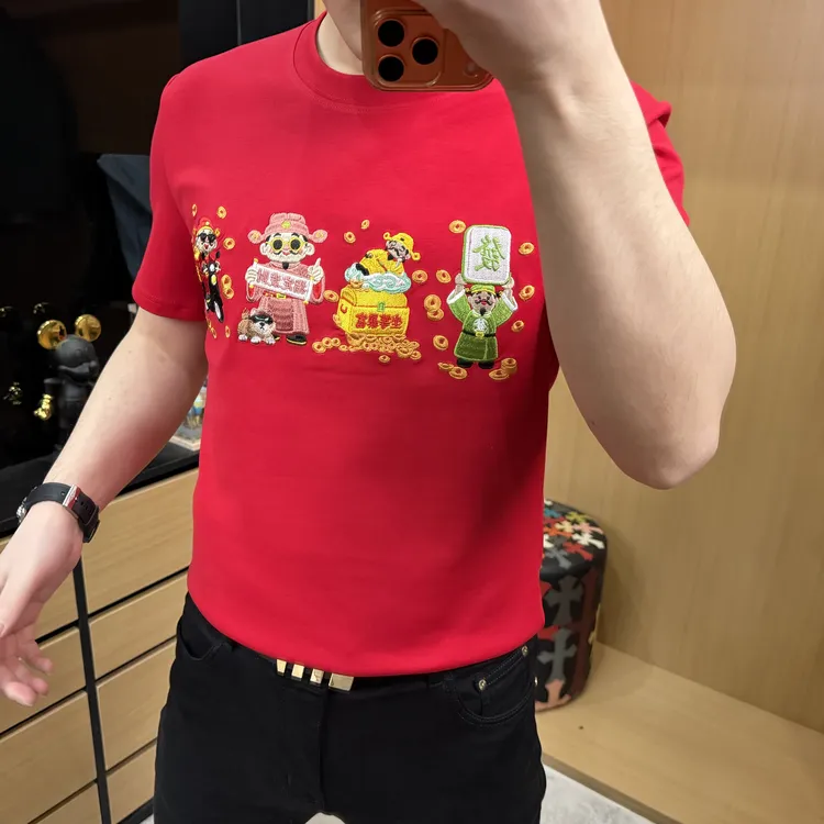【马年大吉】财神爷年货春款喜庆刺绣痞帅时尚休闲男士短袖T恤打底