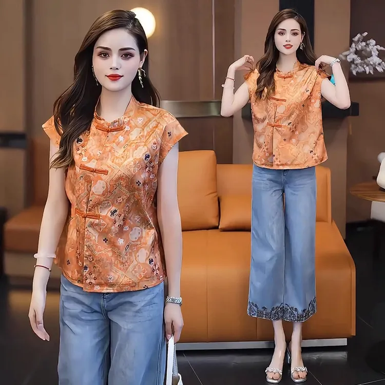 新中式国风套装女2025夏季新款时尚洋气盘扣上衣九分牛仔裤两件套