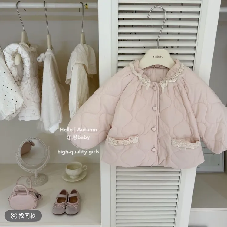 【现货在仓】森系清新秋冬装女童粉色加绒棉服时髦韩版宝宝保暖外套